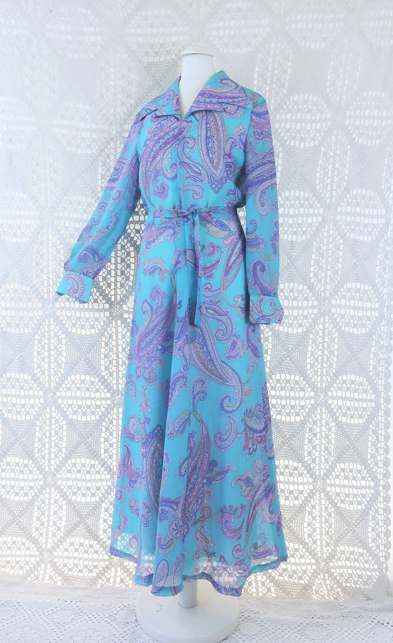 70's Vintage Maxi Dress - Aqua Blue and Lilac Paisley - Size S