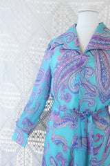 70's Vintage Maxi Dress - Aqua Blue and Lilac Paisley - Size S