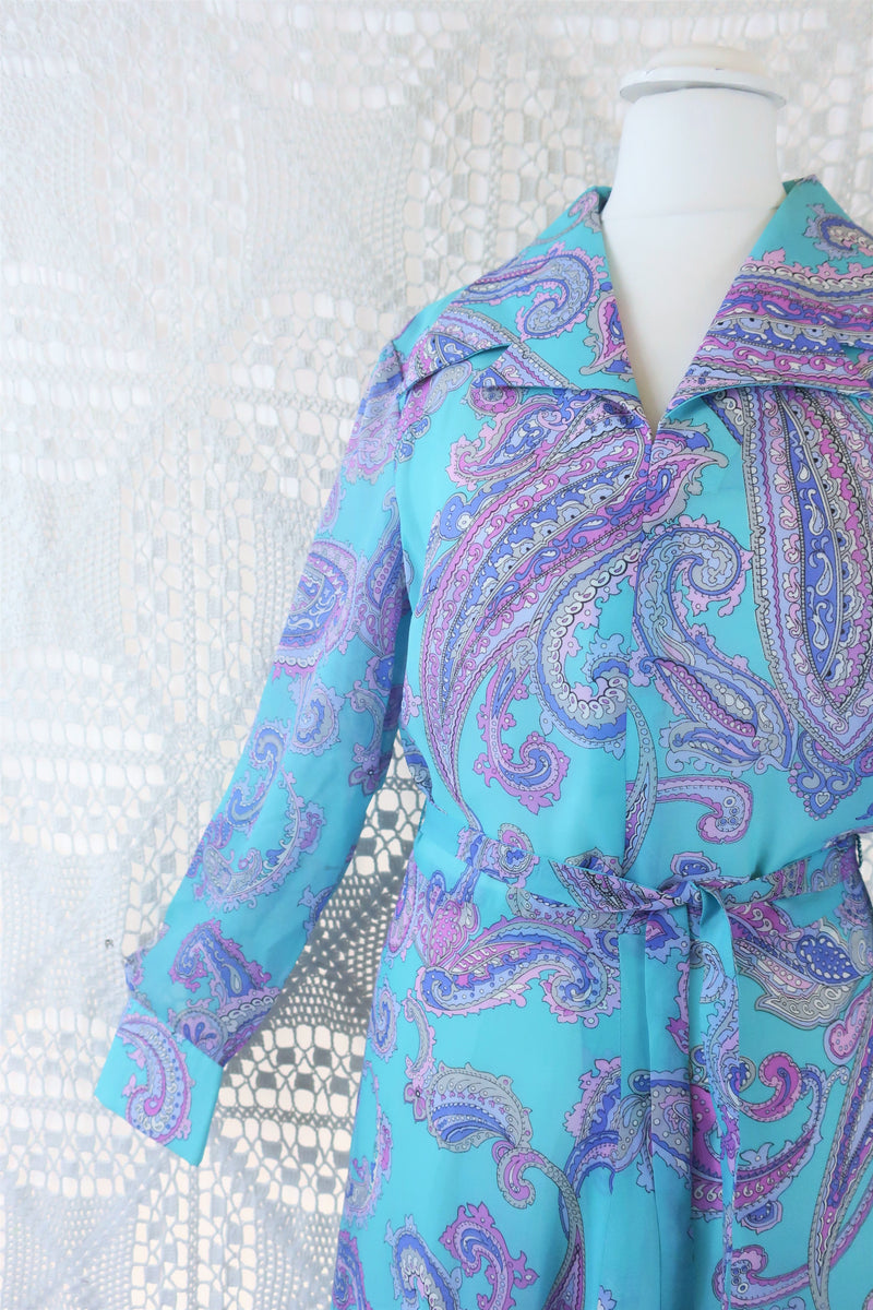 70's Vintage Maxi Dress - Aqua Blue and Lilac Paisley - Size S