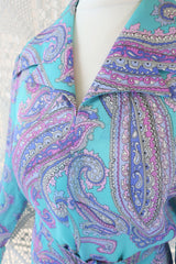 70's Vintage Maxi Dress - Aqua Blue and Lilac Paisley - Size S
