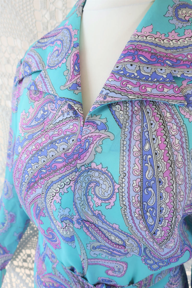 70's Vintage Maxi Dress - Aqua Blue and Lilac Paisley - Size S