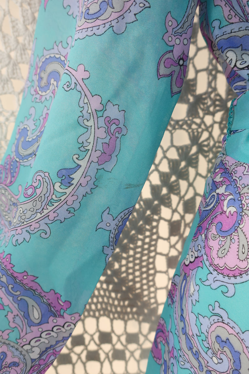 70's Vintage Maxi Dress - Aqua Blue and Lilac Paisley - Size S