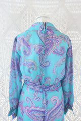70's Vintage Maxi Dress - Aqua Blue and Lilac Paisley - Size S