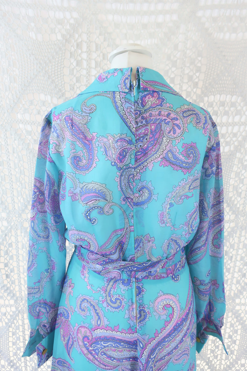 70's Vintage Maxi Dress - Aqua Blue and Lilac Paisley - Size S