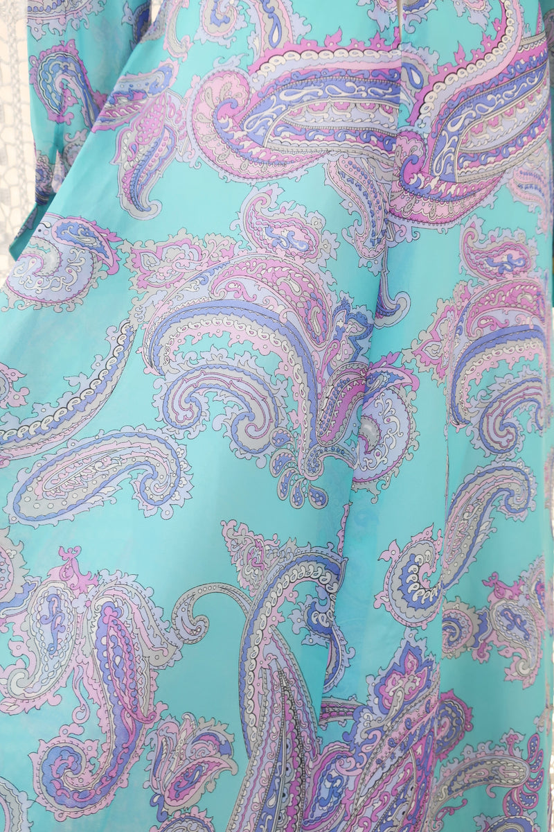 70's Vintage Maxi Dress - Aqua Blue and Lilac Paisley - Size S
