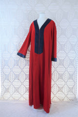 70's Vintage Dress - Corduroy Bright Red W/ Blue Trim Kaftan - Size M/L