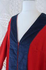 70's Vintage Dress - Corduroy Bright Red W/ Blue Trim Kaftan - Size M/L