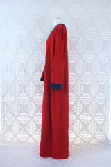 70's Vintage Dress - Corduroy Bright Red W/ Blue Trim Kaftan - Size M/L