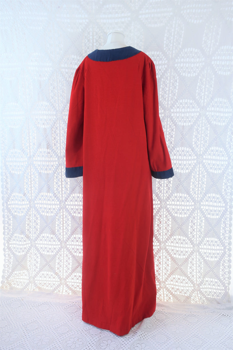 70's Vintage Dress - Corduroy Bright Red W/ Blue Trim Kaftan - Size M/L