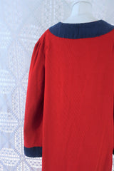 70's Vintage Dress - Corduroy Bright Red W/ Blue Trim Kaftan - Size M/L