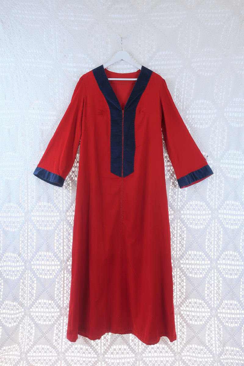 70's Vintage Dress - Corduroy Bright Red W/ Blue Trim Kaftan - Size M/L