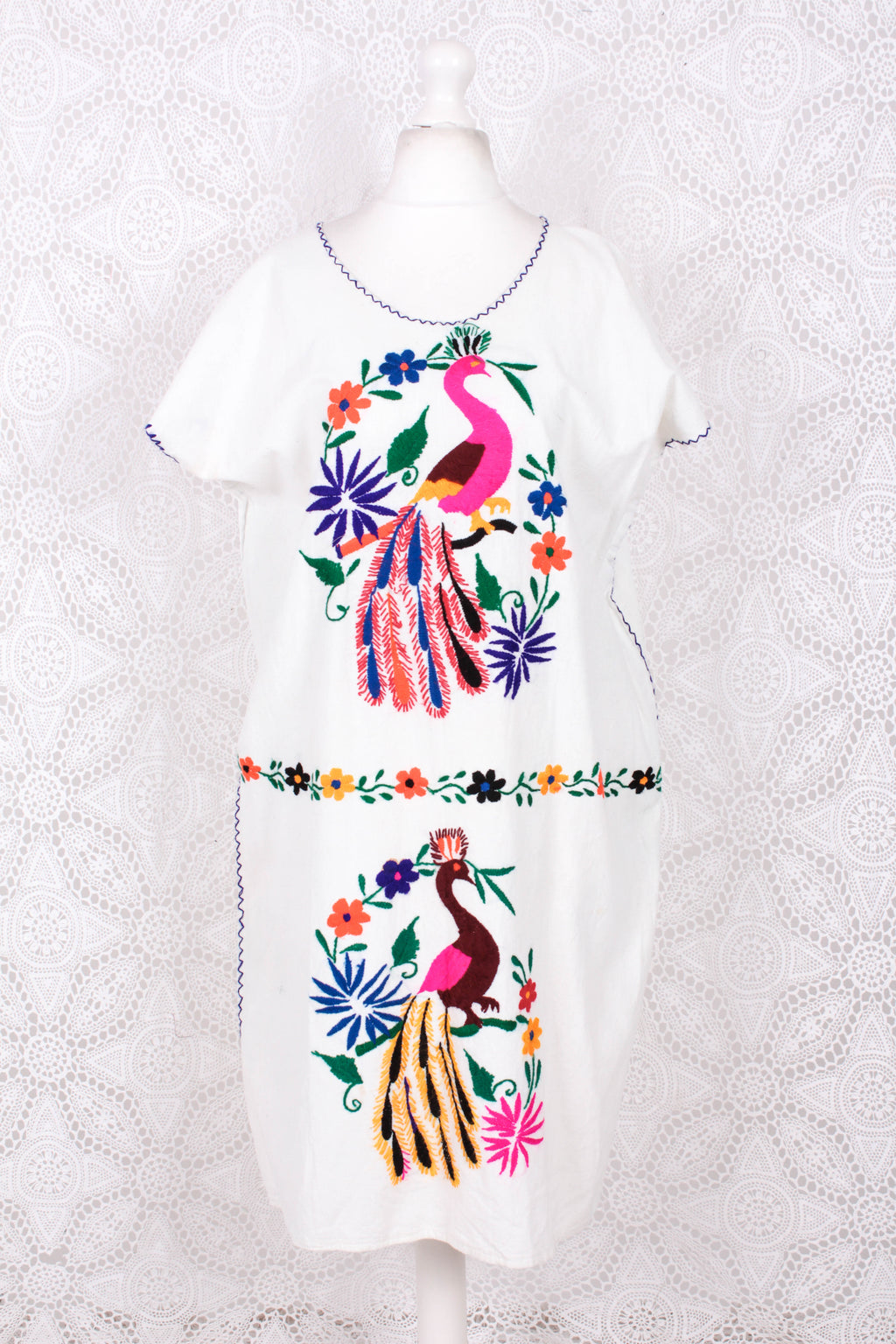 Vintage Dress - Mexican Peacock Floral Embroidered Midi - Free Size