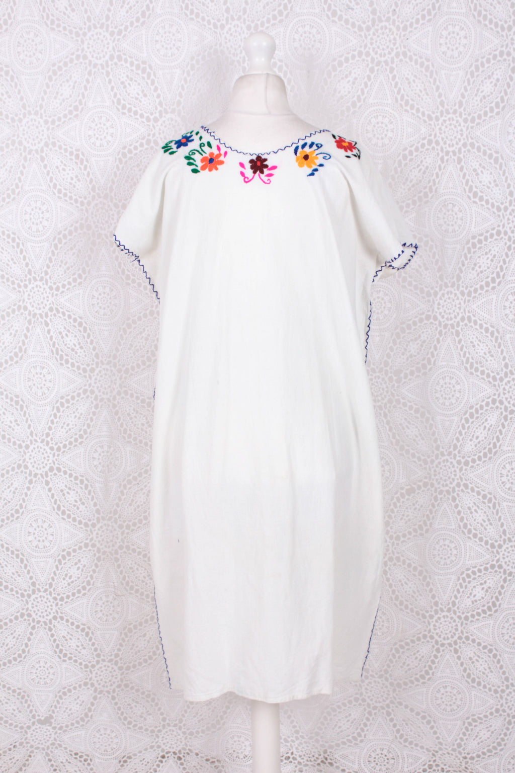 Vintage Dress - Mexican Peacock Floral Embroidered Midi - Free Size