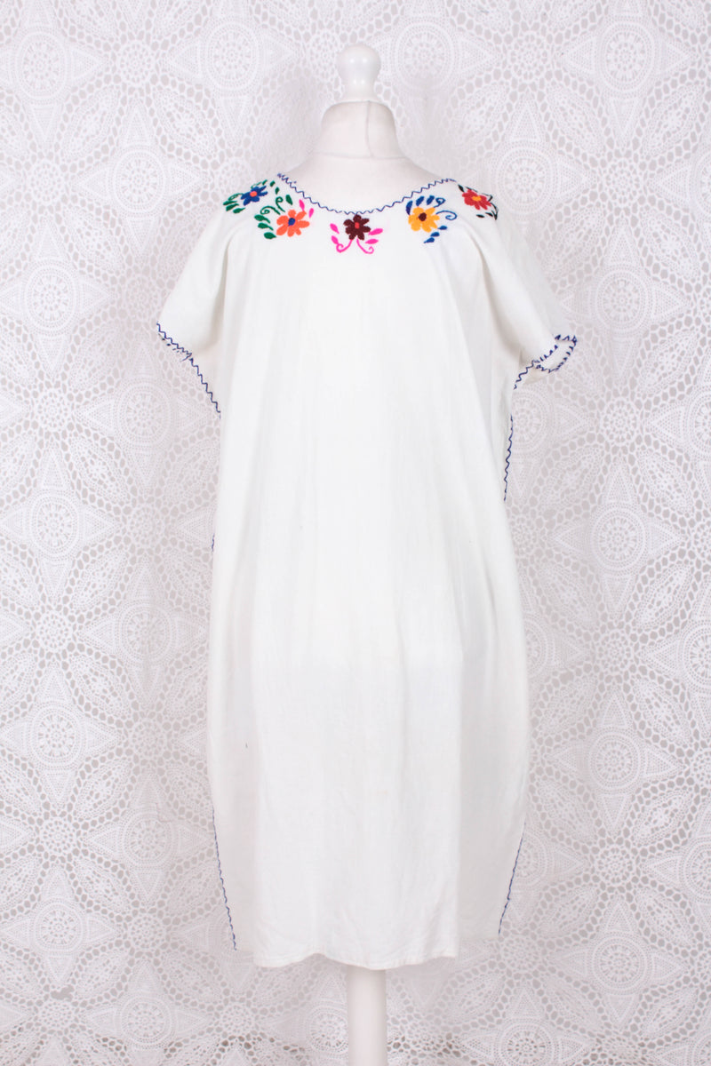 Vintage Dress - Mexican Peacock Floral Embroidered Midi - Free Size