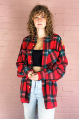 Vintage Plaid Shirt - Red & Forest Green with Faux Suede Shoulder Patches - Size XL