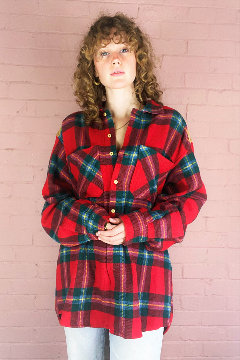 Vintage Plaid Shirt - Red & Forest Green with Faux Suede Shoulder Patches - Size XL