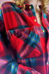 Vintage Plaid Shirt - Red & Forest Green with Faux Suede Shoulder Patches - Size XL