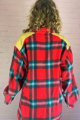Vintage Plaid Shirt - Red & Forest Green with Faux Suede Shoulder Patches - Size XL