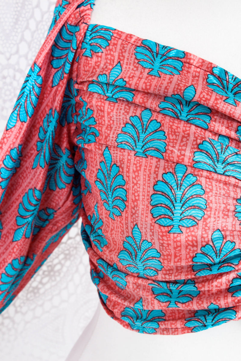 Ariel Top - Vintage Indian Sari - Peach & Sky Blue - S/M