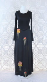 Vintage Dress - Charcoal Ice Cream Cone Print Maxi - Size XS