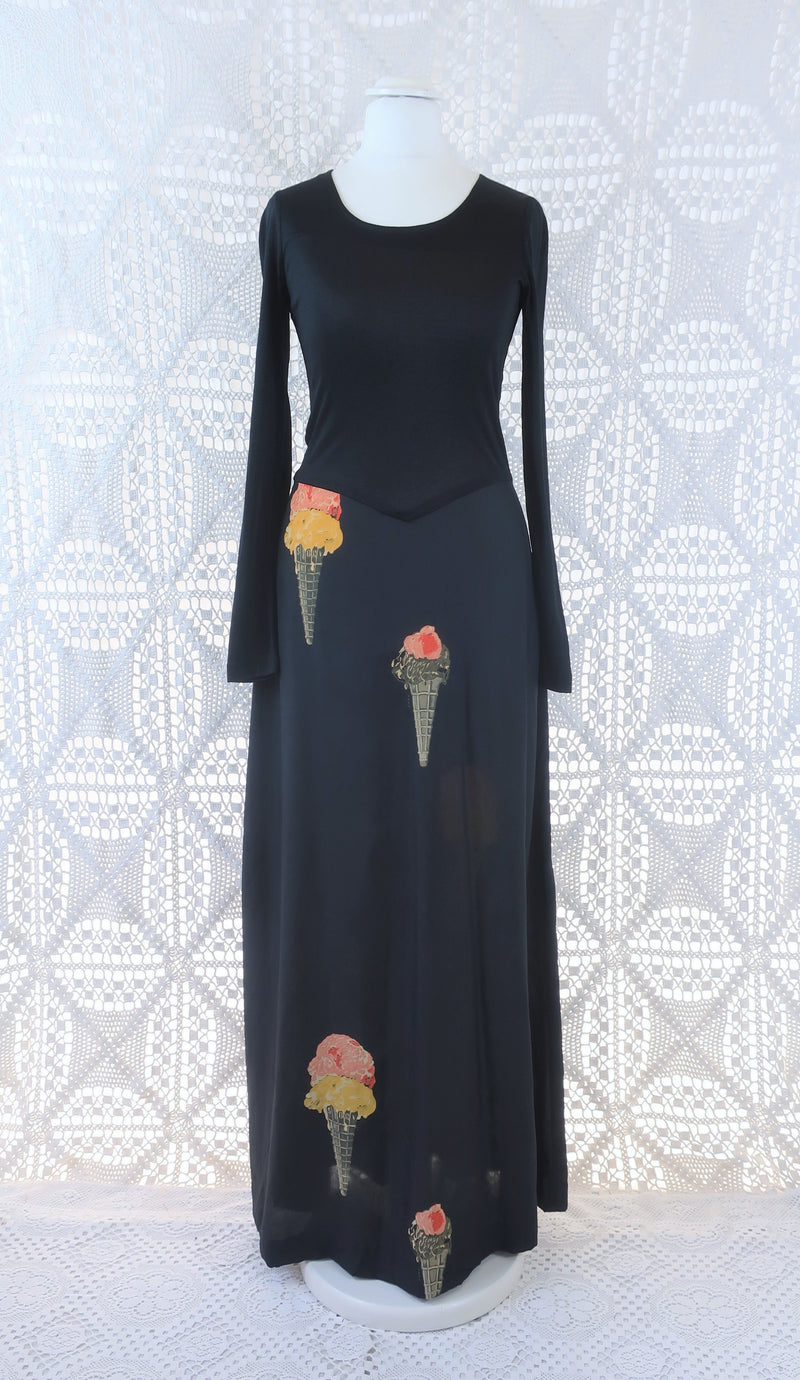 Vintage Dress - Charcoal Ice Cream Cone Print Maxi - Size XS