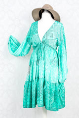 Gypsophila Mini Dress - Vintage Indian Sari -  Sheer Seafoam Green - M/L