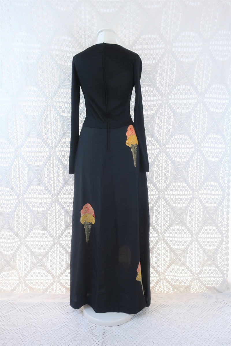 Vintage Dress - Charcoal Ice Cream Cone Print Maxi - Size XS