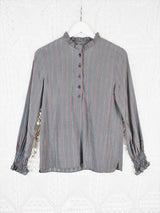 70's Vintage - Silver, Wine & Yellow Pin-Striped Band-Neck Shirt - Size S/M