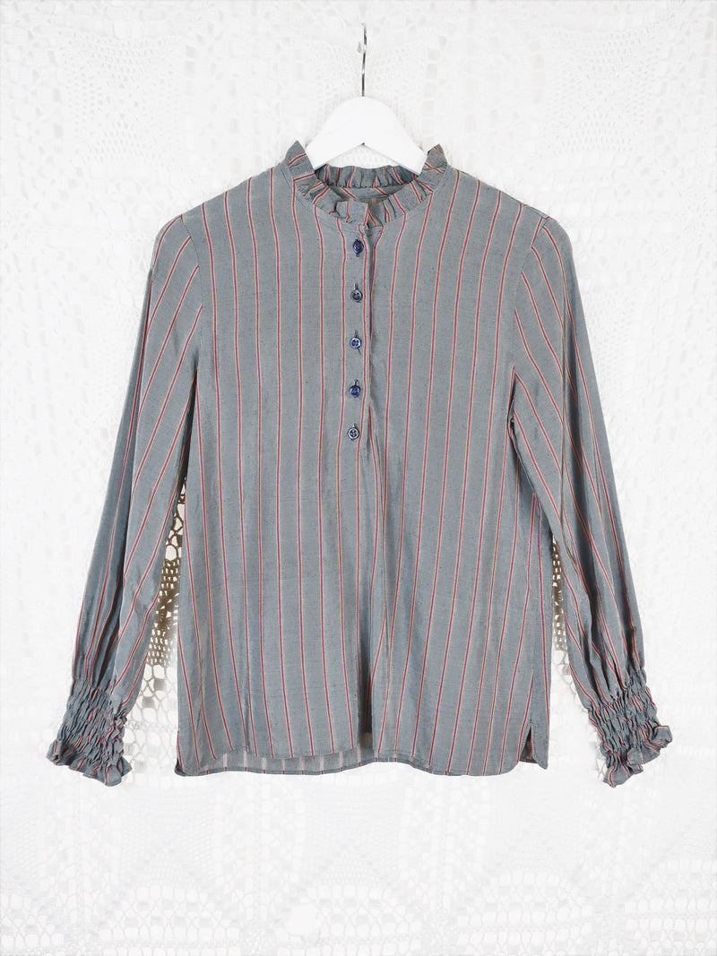 70's Vintage - Silver, Wine & Yellow Pin-Striped Band-Neck Shirt - Size S/M