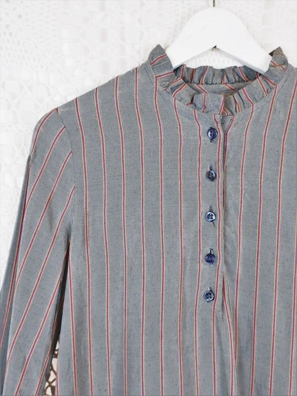 70's Vintage - Silver, Wine & Yellow Pin-Striped Band-Neck Shirt - Size S/M