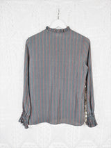 70's Vintage - Silver, Wine & Yellow Pin-Striped Band-Neck Shirt - Size S/M