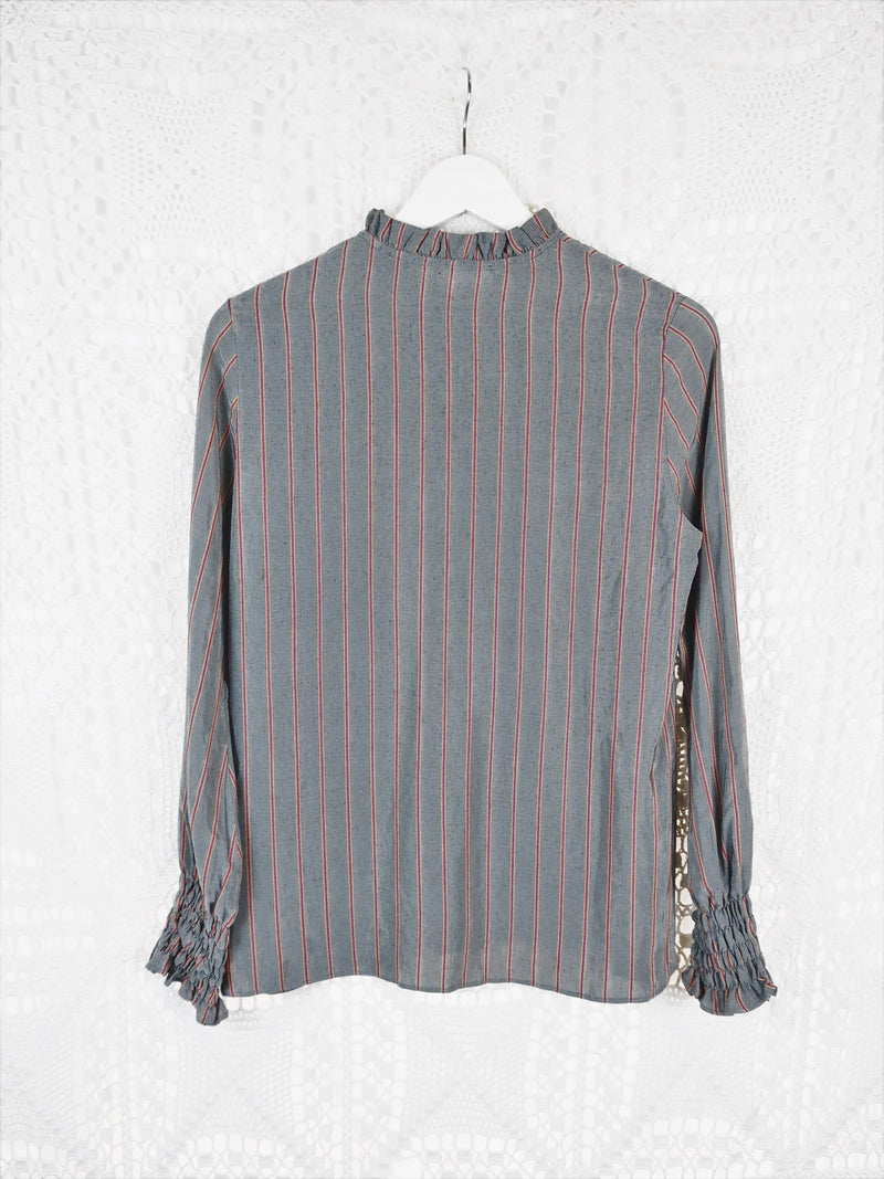 70's Vintage - Silver, Wine & Yellow Pin-Striped Band-Neck Shirt - Size S/M