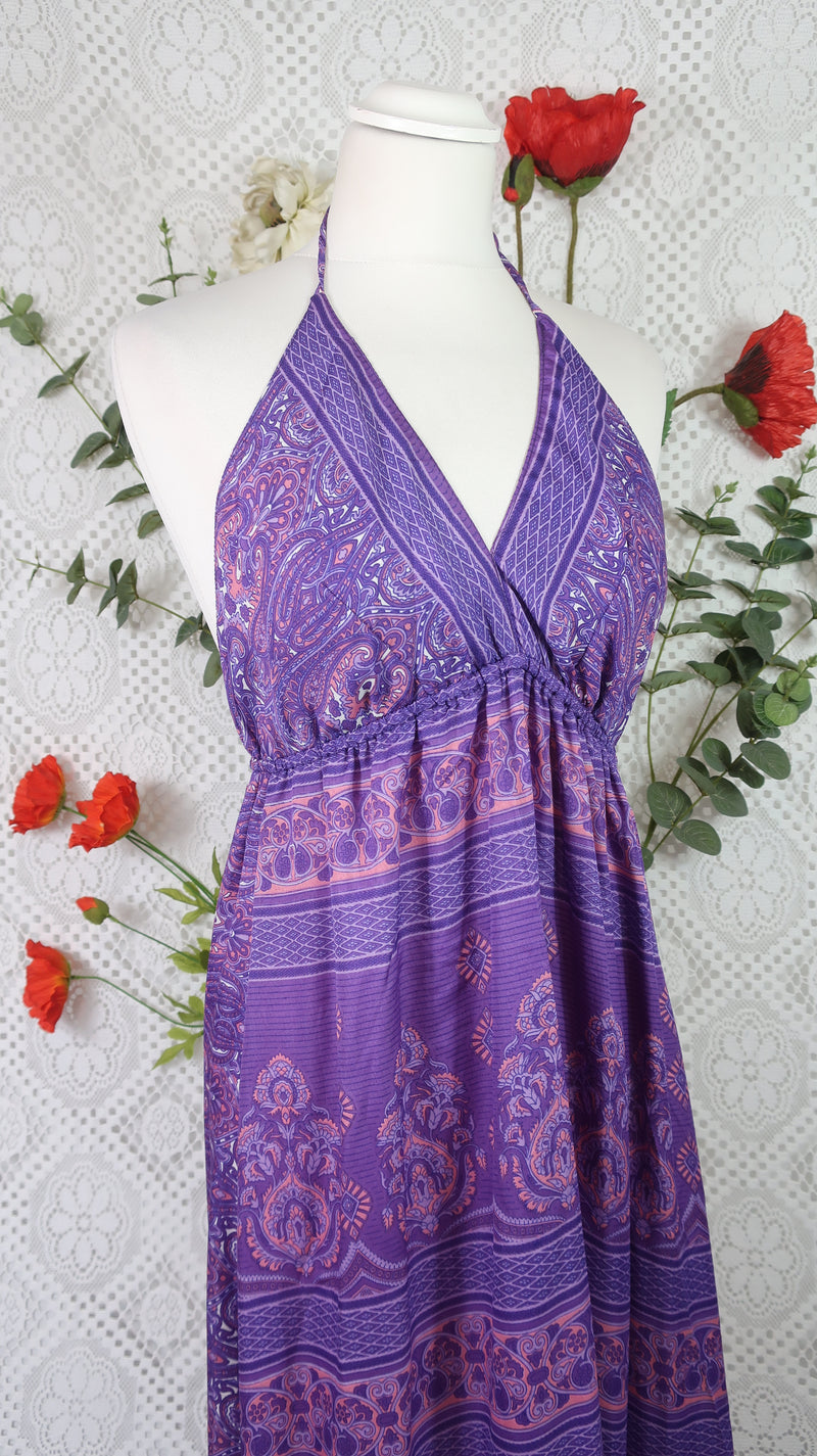 Cherry Halter-Neck Maxi Dress - Purple & Violet Paisley Floral Sari (XS - S/M)