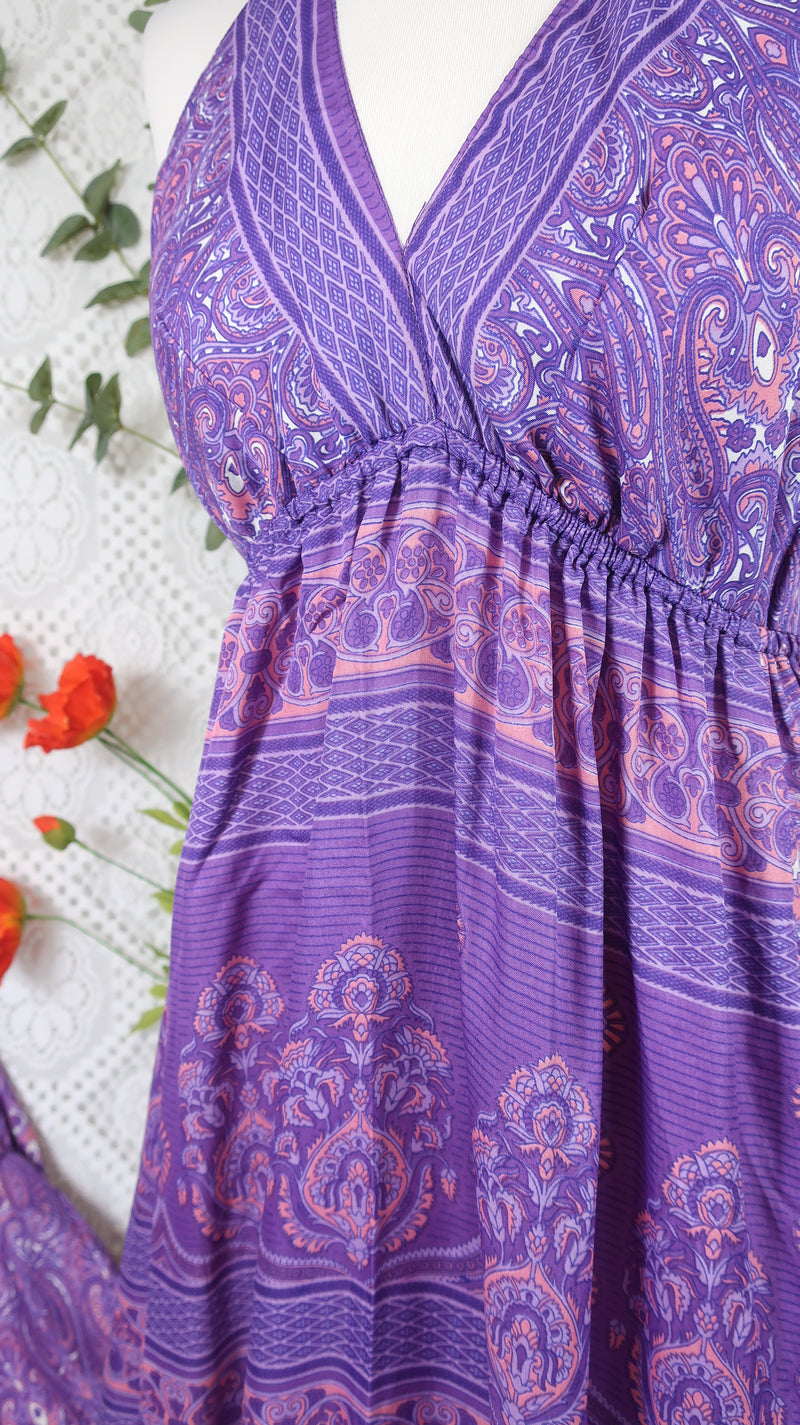 Cherry Halter-Neck Maxi Dress - Purple & Violet Paisley Floral Sari (XS - S/M)