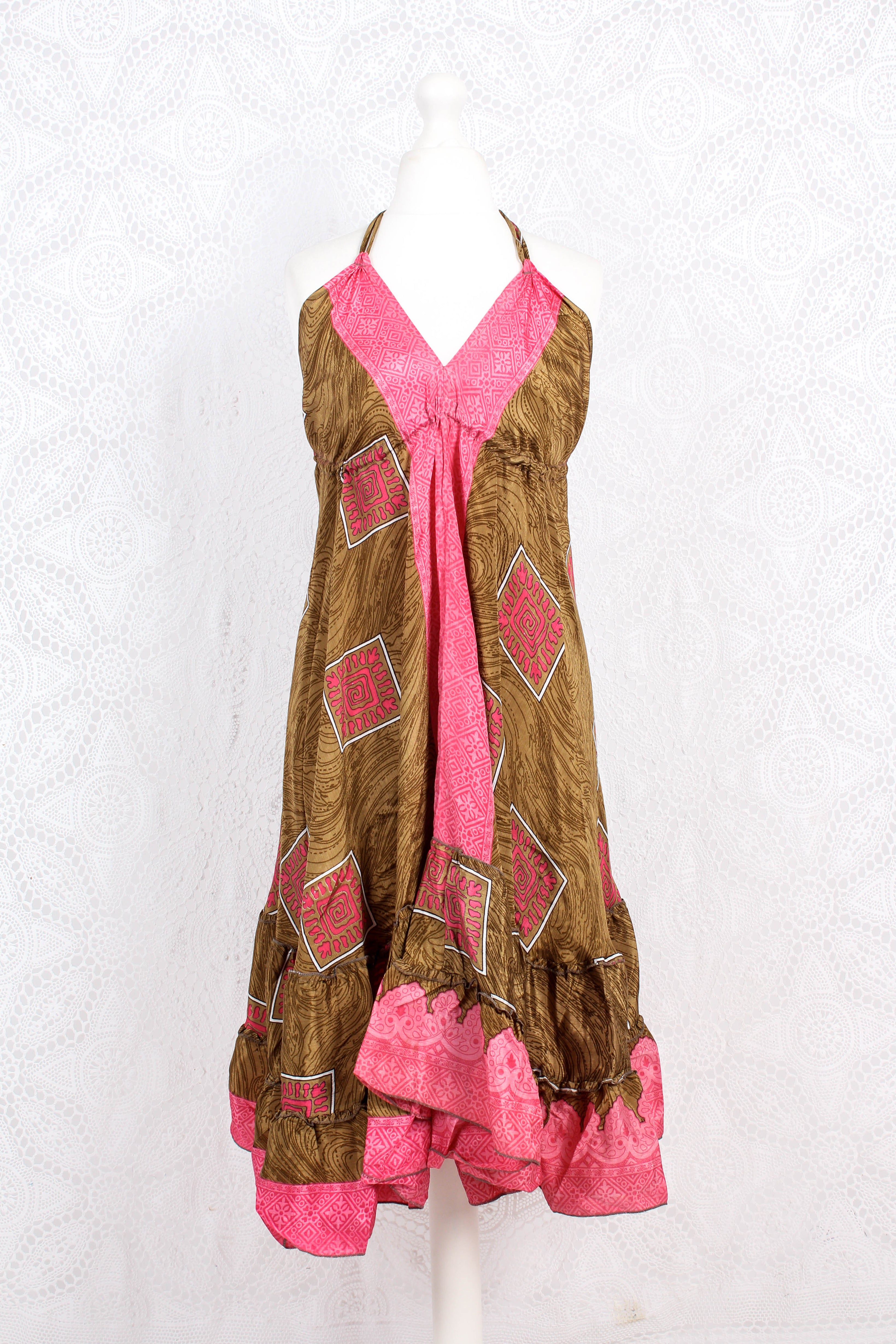 Blossom Mini Halter Dress - Vintage Indian Sari - Bubblegum & Fudge - M/L
