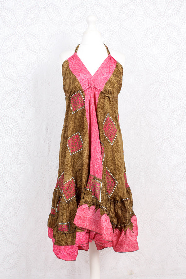 Blossom Mini Halter Dress - Vintage Indian Sari - Bubblegum & Fudge - M/L