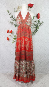 Cherry Halter-Neck Maxi Dress - Ivory & Scarlet Paisley Floral Sari (XS - S/M)