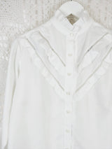 70's Vintage -White High-neck Frill Panel Shirt - Size L