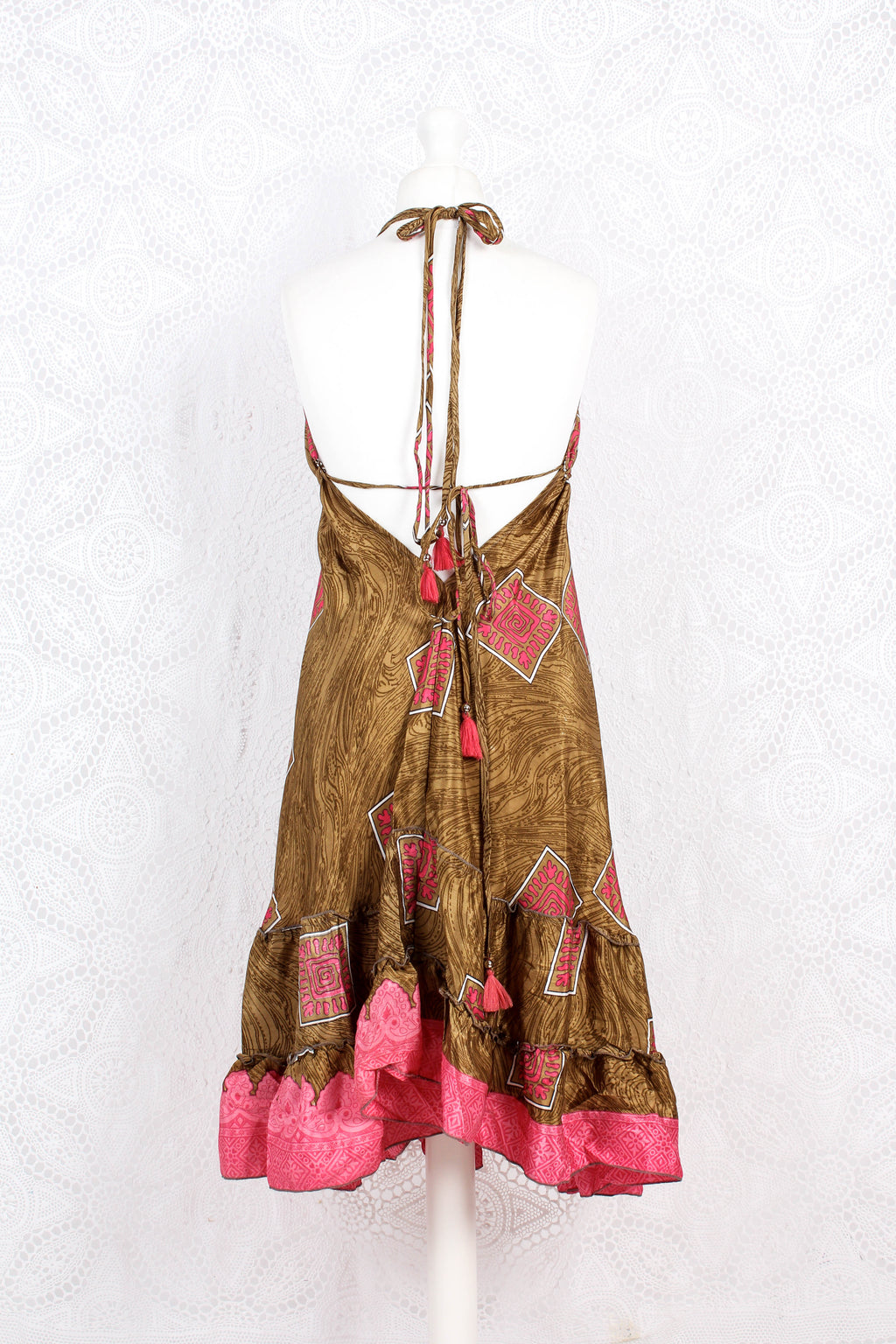 Blossom Mini Halter Dress - Vintage Indian Sari - Bubblegum & Fudge - M/L