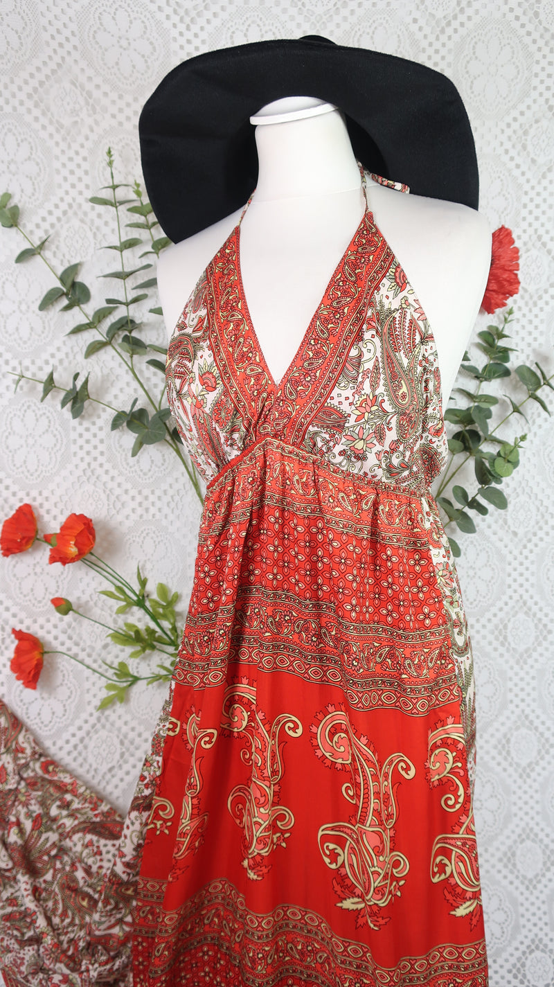 Cherry Halter-Neck Maxi Dress - Ivory & Scarlet Paisley Floral Sari (XS - S/M)
