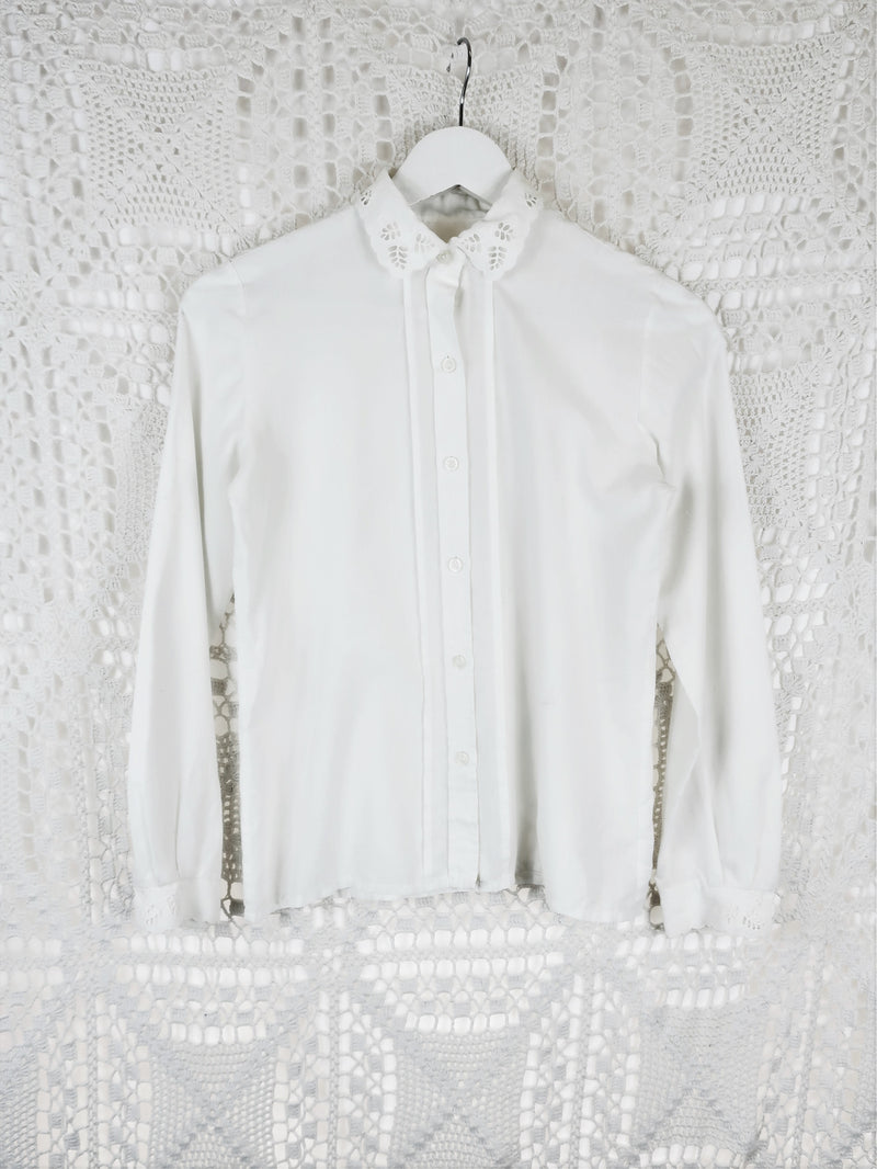SALE 70's Vintage - White Lace Collared Shirt - Size XS