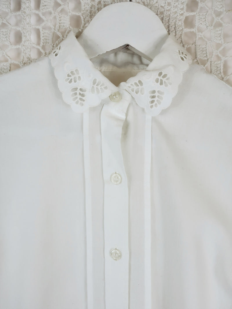 SALE 70's Vintage - White Lace Collared Shirt - Size XS