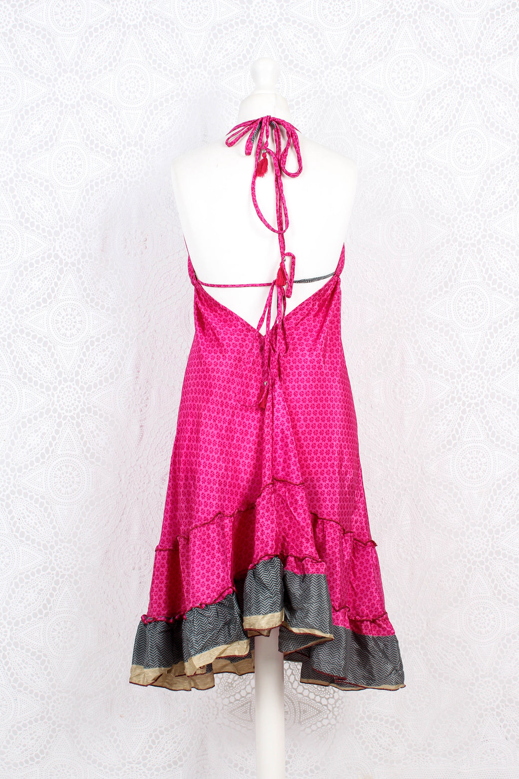 Blossom Mini Halter Dress - Vintage Indian Sari - Hot Pink Floral - M/L