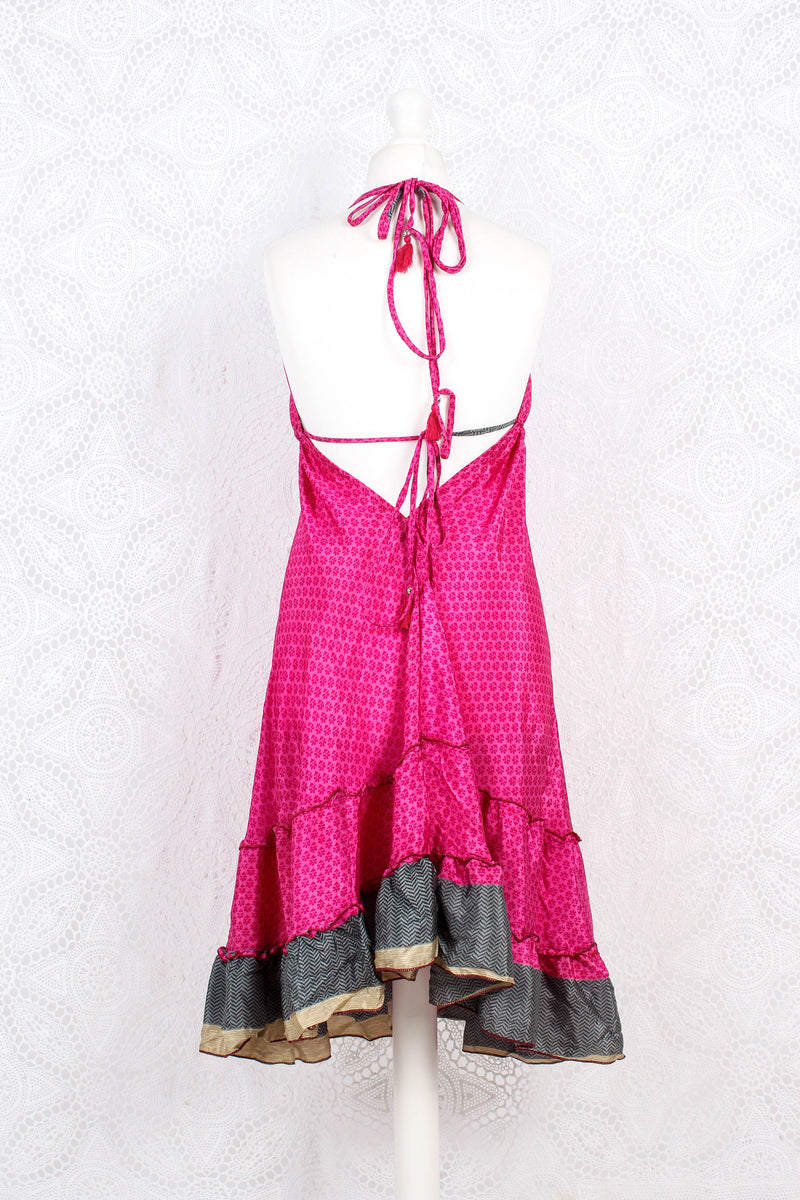 Blossom Mini Halter Dress - Vintage Indian Sari - Hot Pink Floral - M/L