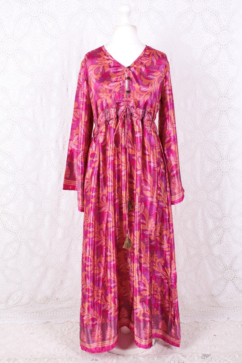 Lily Maxi Dress - Rich Pink Shimmer Vintage Sari - Size S/M