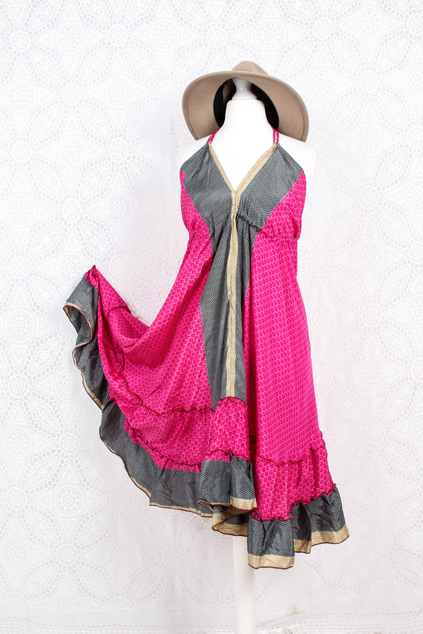 Blossom Mini Halter Dress - Vintage Indian Sari - Hot Pink Floral - M/L