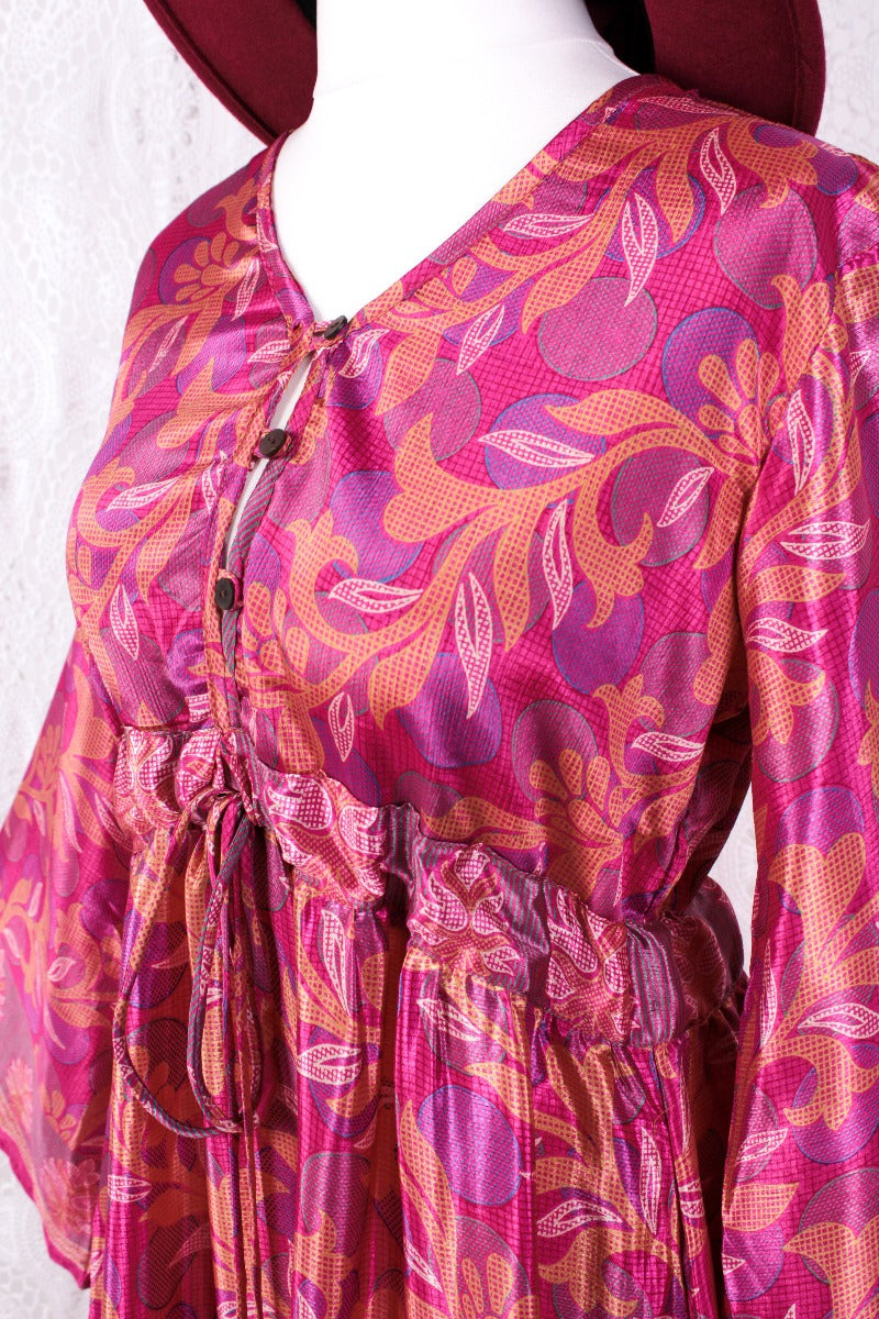 Lily Maxi Dress - Rich Pink Shimmer Vintage Sari - Size S/M