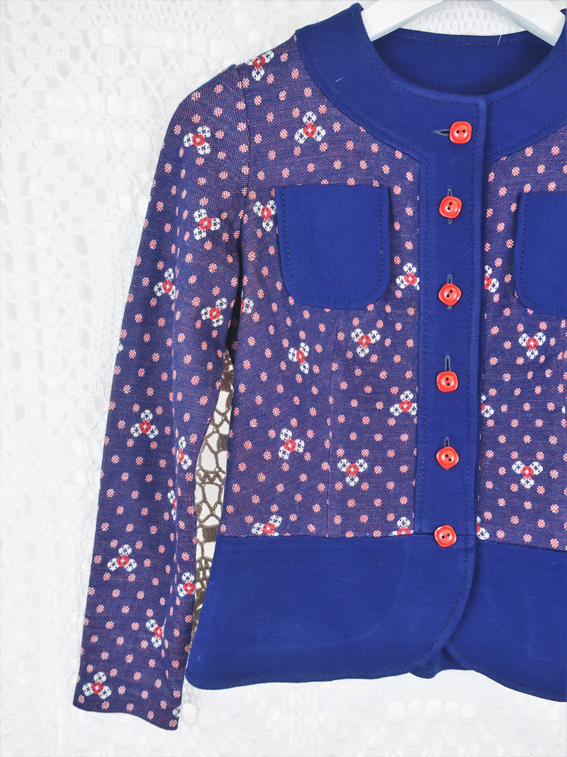 70's Vintage - Knitted Crop Shirt - Navy & Red Polka Dot - Size XS