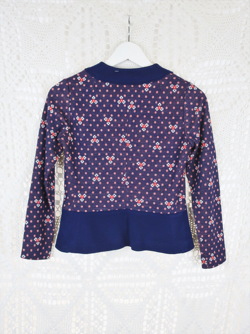 70's Vintage - Knitted Crop Shirt - Navy & Red Polka Dot - Size XS