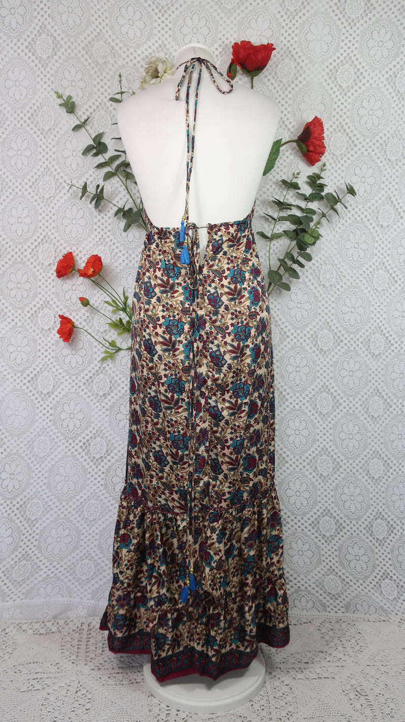 Cherry Halter-Neck Maxi Dress - Cream, Teal & Sangria Floral Sari (S/M - M/L)
